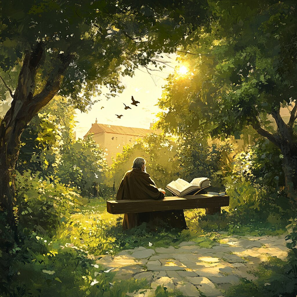 Peinture représentant un moine en paix dans un jardin verdoyant et lumineux