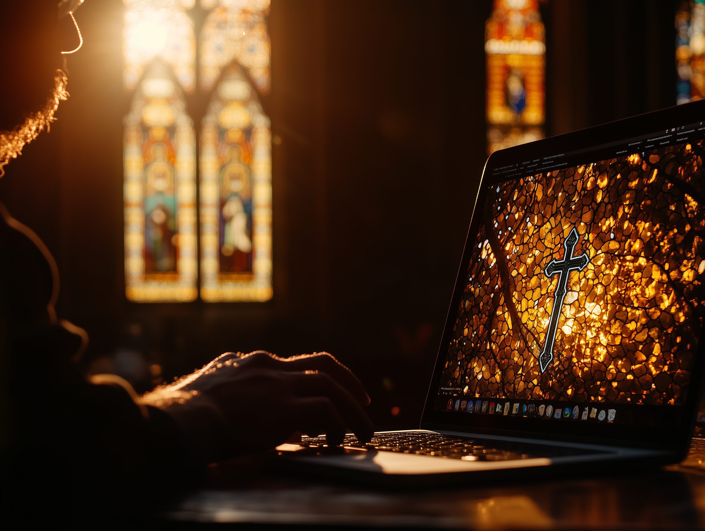 Photo d'un développeur travaillant dans une église avec son ordinateur