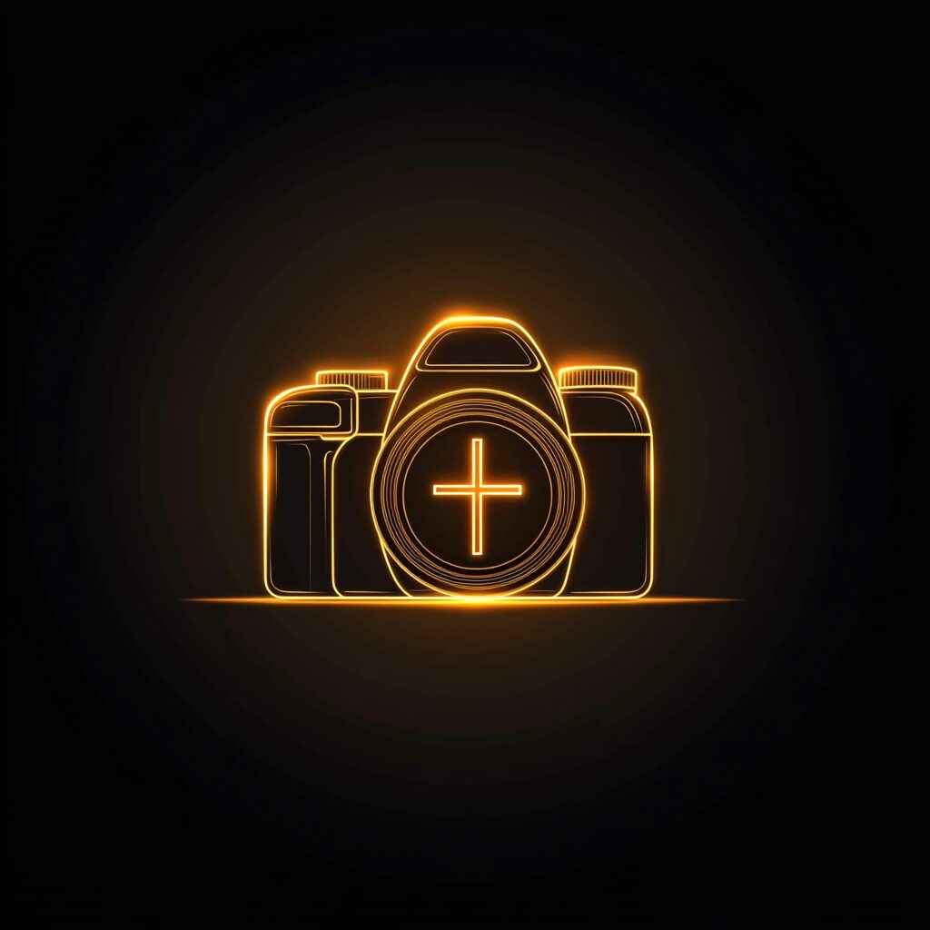 Appareil photo doré sur fond noir en style vectoriel